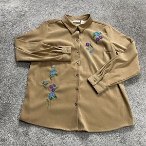 Cascade Blue Shirt Womens Medium Brown Long Sleeve Button Up Floral Embroidered